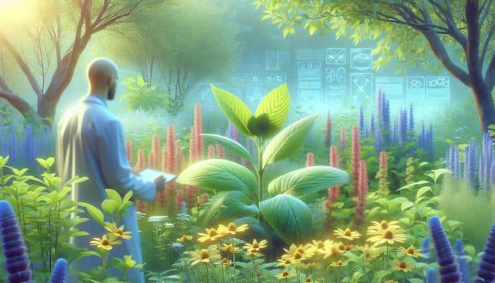 A peaceful garden featuring herbs such as lemon balm and ashwagandha, with an expert examining plants in the background.