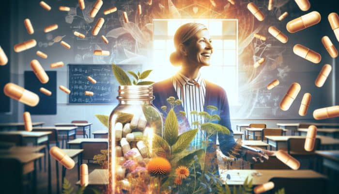 Sarah, a 35-year-old UK teacher, looking energised and stress-free, holding an Ashwagandha supplement in a herb-filled classroom.