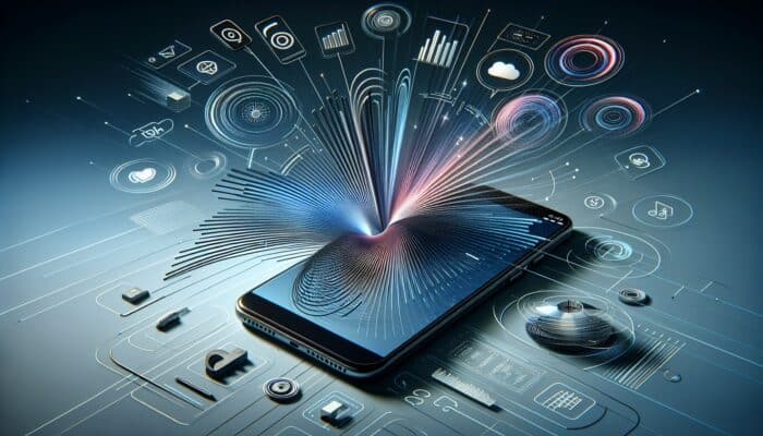 Smartphone displaying a responsive, fast-loading website, surrounded by various screen sizes and navigation icons, highlighting mobile optimization for voice search.