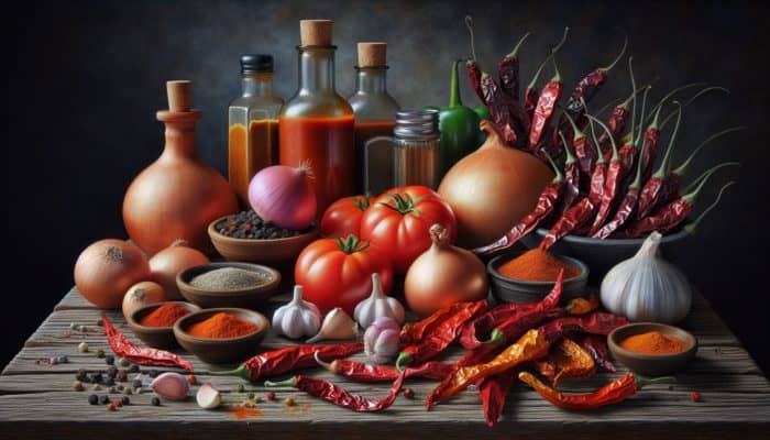 Ripe tomatoes, assorted dried chilies, garlic, onions, and spices on a rustic wooden table.