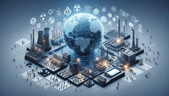 A global network of nuclear facilities with safety protocols, inspections, and international cooperation to mitigate nuclear risks.