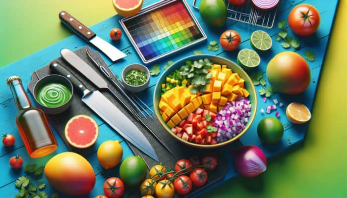 Diced mangoes, tomatoes, onions, cilantro in bowl with knife and lime on BBQ table.