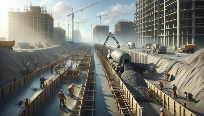 Workers installing concrete drainage system at urban site, showing excavation to curing stages.