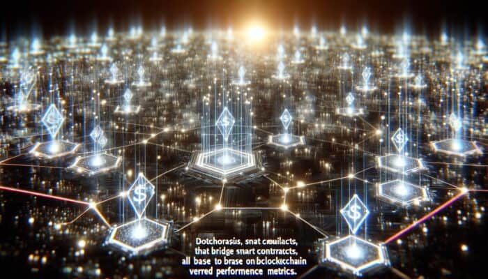 A digital network with glowing nodes representing smart contracts connecting advertisers and publishers, automating payments based on blockchain data.