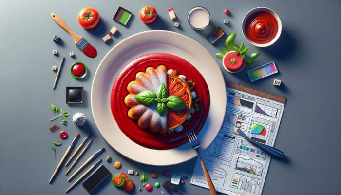 A gourmet plate featuring tomato sauce with basil and a dessert with an edible flower, enhancing appeal and flavor.