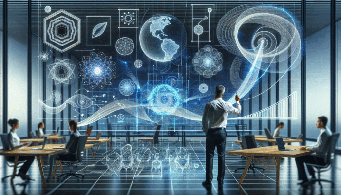 An expert analyzing data on a futuristic screen, mentoring a team in a modern office, enhancing content freshness.