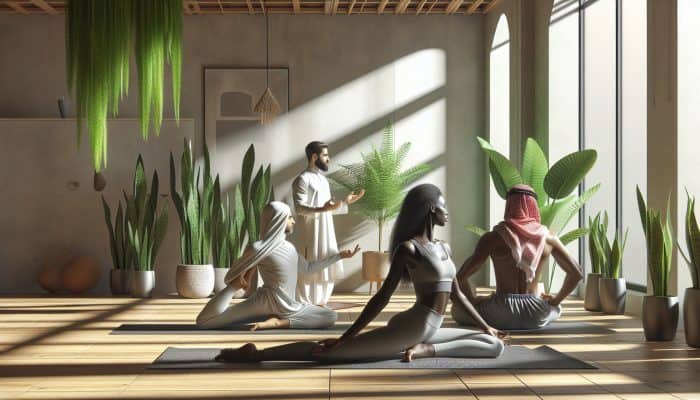 A couple doing yoga in a sunlit studio with a health coach guiding them, surrounded by plants.