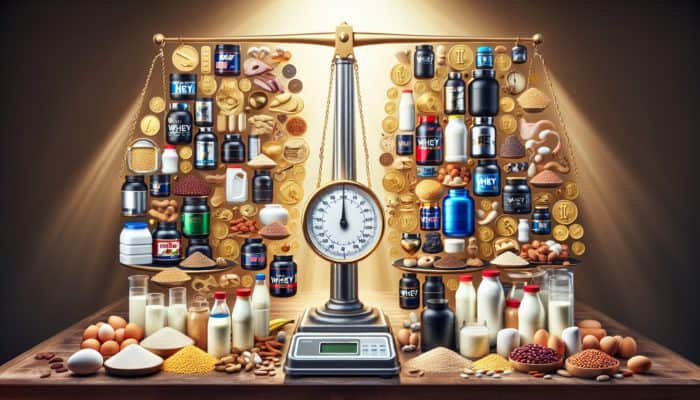 A scale with whey isolate brands, price tags, and value indicators against a backdrop of protein sources and processing methods.