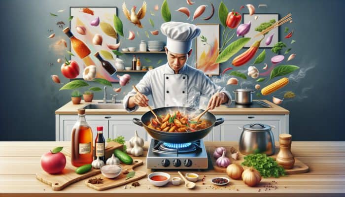 Chef preparing Filipino adobo with soy sauce, vinegar, garlic, and bay leaves in a vibrant kitchen.