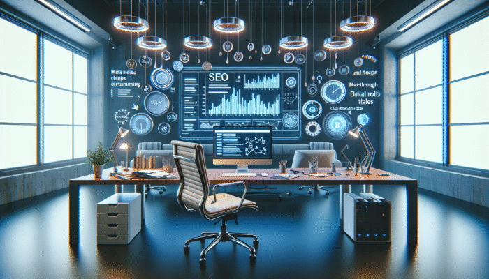 A digital screen showing meta titles and click-through rate graphs, with SEO tools in a modern office.