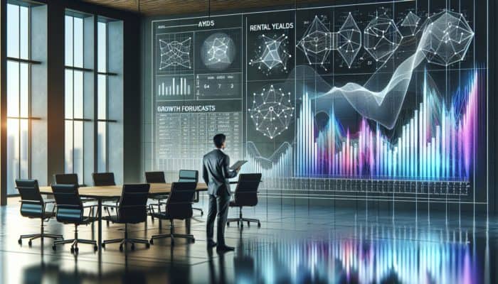 Investor examining property data on a large screen in a modern office, focusing on Secunda's rental yields and growth forecasts.