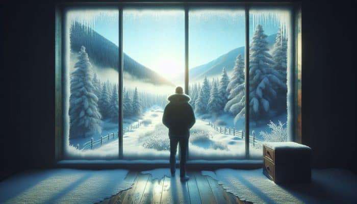 A person by a window contemplating a snowy winter scene, reflecting Seasonal Affective Disorder.