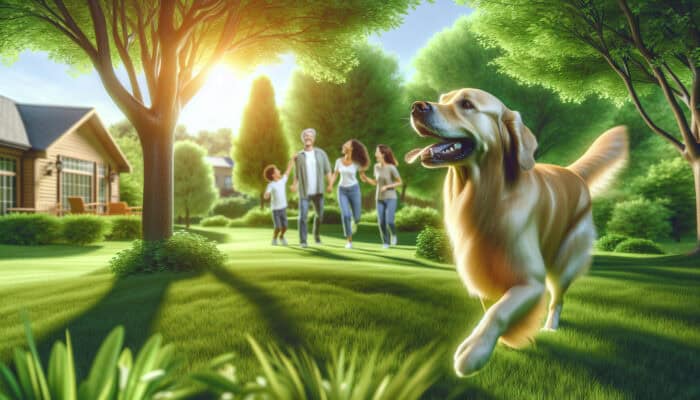A joyful Golden Retriever playing fetch in a park, enhancing family bond.