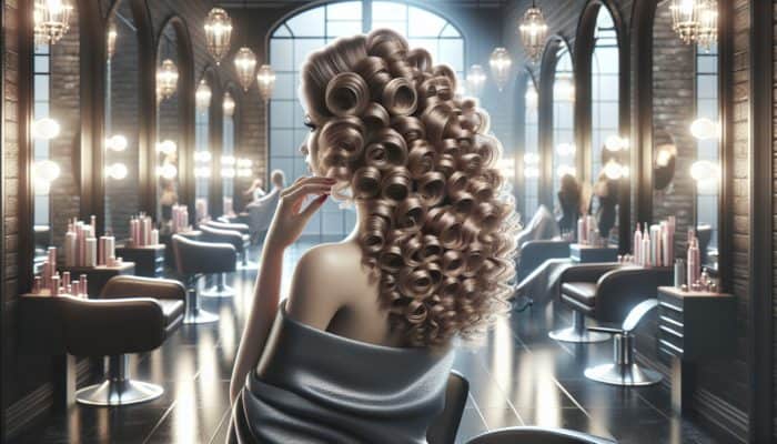 Elegant engagement ringlet curls styled professionally in a luxurious salon with soft lighting and mirrors.