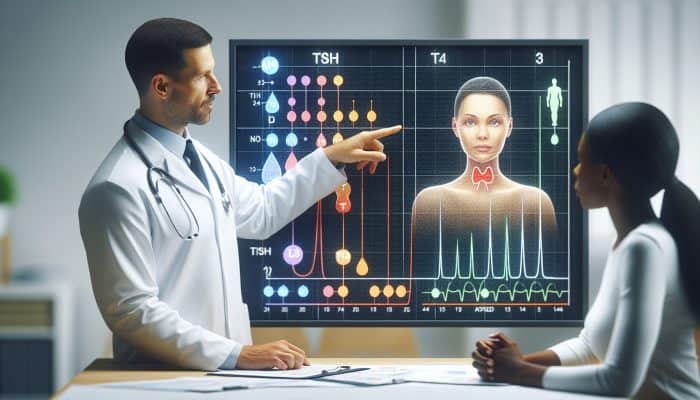 A doctor explaining thyroid test results chart to a patient, highlighting TSH, T4, T3 levels.