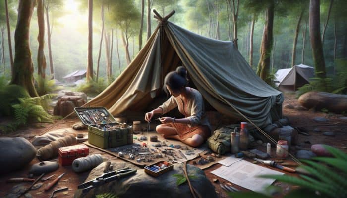 Person inspecting and repairing tarp shelter in a forested campsite, focusing on holes and fraying edges.
