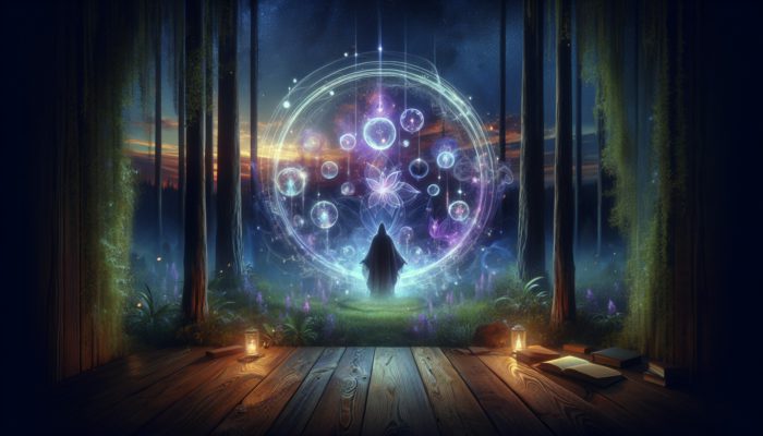 A mystical sage in a forest at twilight, enhancing glowing spirits with herbs and wisdom.