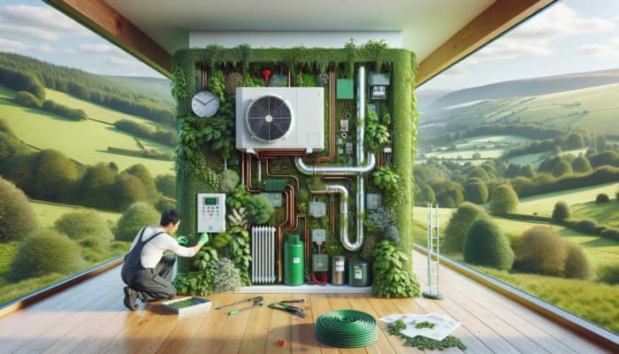 A modern heat pump in a Surrey home, technician adjusting settings, surrounded by lush greenery and countryside.