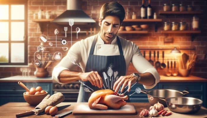 A chef butterflying a chicken, step-by-step, in a warm kitchen with cooking tools.