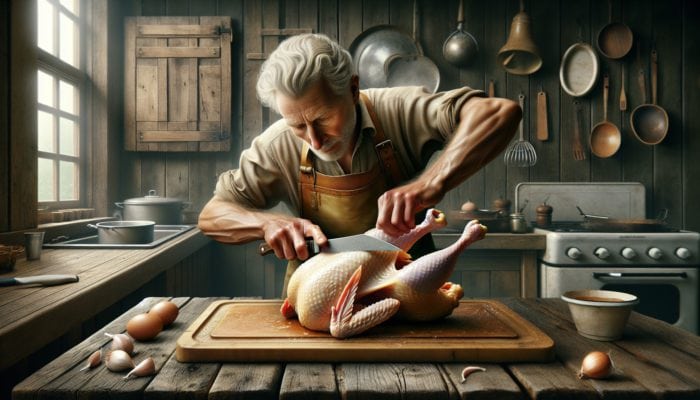 Chef butterflying chicken, cutting along backbone, flattening bird, ensuring even cooking and perfect presentation.