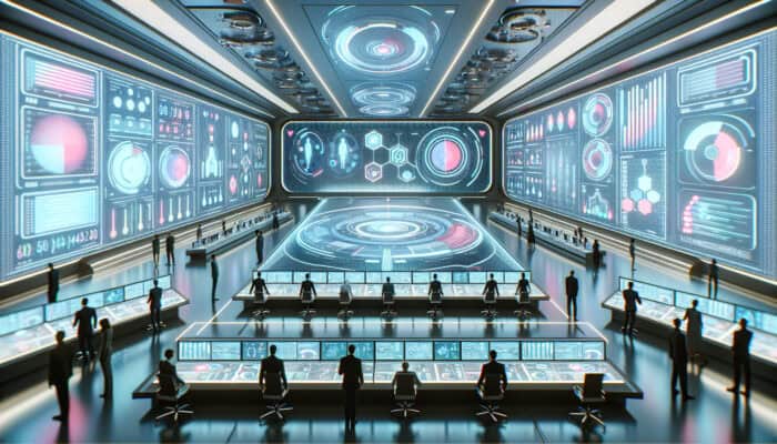 A futuristic control room with screens showing virtual assistants' performance metrics and KPIs.