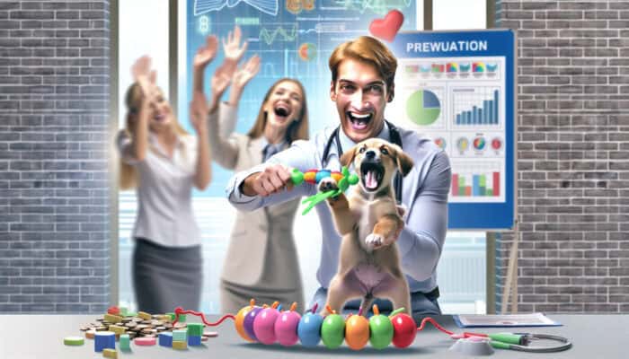 A playful puppy chews a colourful teething toy during training, rewarded by an attentive owner in a bright room.