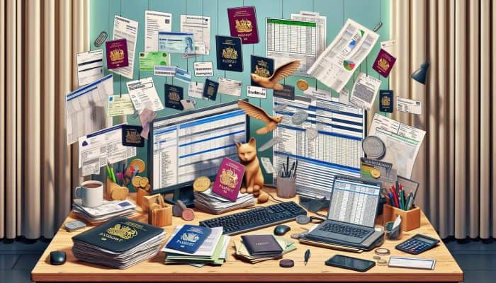 UK desk with documents for refinancing: passports, licenses, payslips, tax returns, loan statements, and budget spreadsheet on screen.