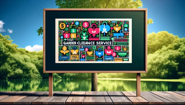 Logos and price tags of garden clearance services on a nature-themed backdrop, showing varying rates and offerings.