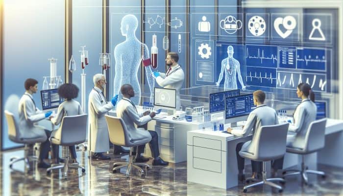 Illustration of diabetes blood test in Corby clinic with doctors and advanced equipment.