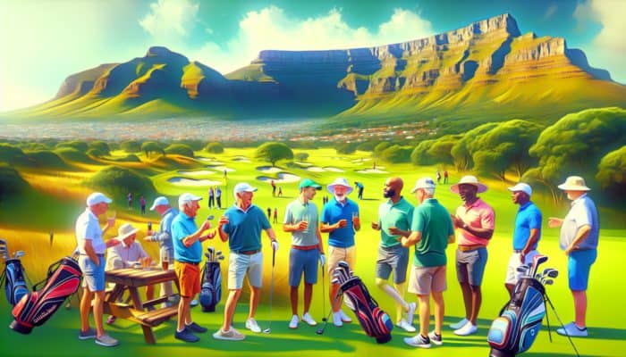 South African golf club members discussing rangefinders, with Table Mountain in the background.