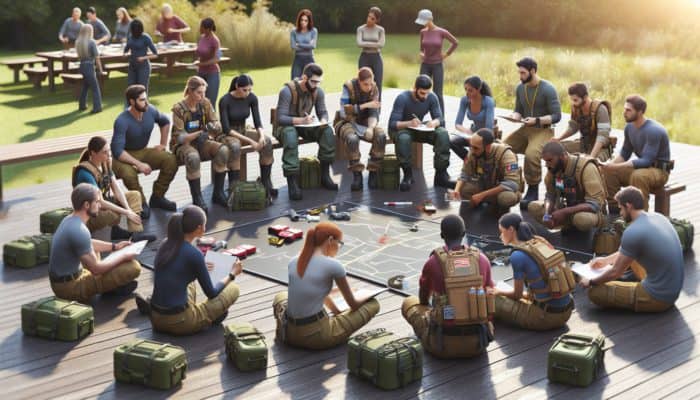 Diverse preppers at workshop learning from experts in emergency management, medical training, and survival skills.