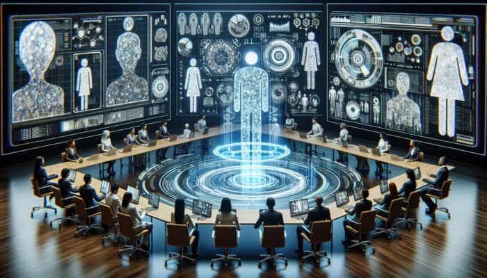 Futuristic office with virtual assistants using holographic displays for strategic meetings and project management.