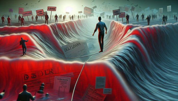 A person on a tightrope over red numbers and loan documents, with a clear path and shadowy figures representing debt consolidation risks.