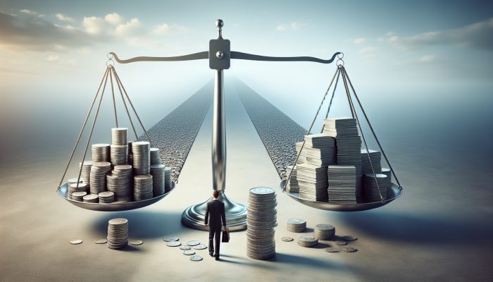 A person balancing coins and a debt document on a scale, with a clear path ahead.