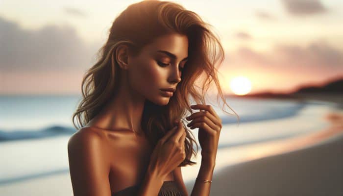 Woman with soft, barely-there waves by a serene beach at sunset, touching her hair.