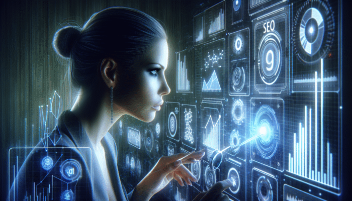 A digital marketing professional examining SEO data on an advanced screen featuring holographic graphs and keywords, enhancing AEO strategies.