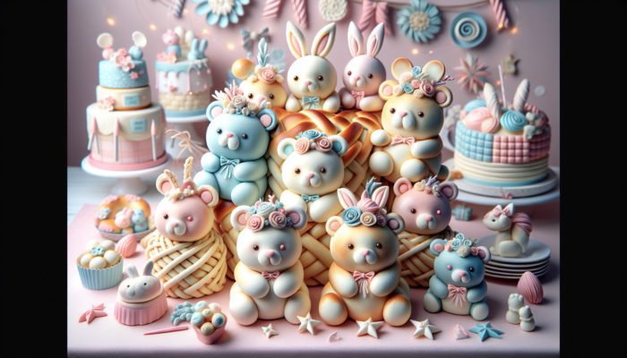 Adorable baby shower buns shaped like bunnies and bears in soft pastel colors on a festive table.