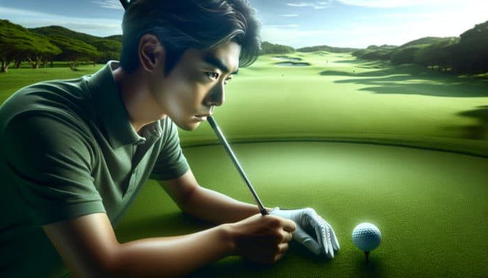 A serene golfer visualizing shots on a lush course, setting goals to enhance performance and reduce anxiety.