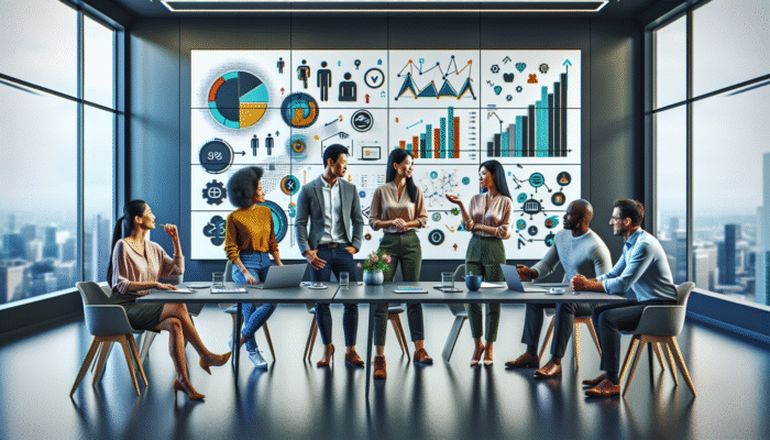 A modern office setting with professionals discussing social media strategies, guided by Neil Patel, with analytics on a large screen showing growth in traffic and engagement.