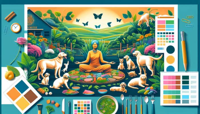 A pet owner and joyful pets enjoying a plant-based meal amidst lush greenery, symbolising ethical choices.