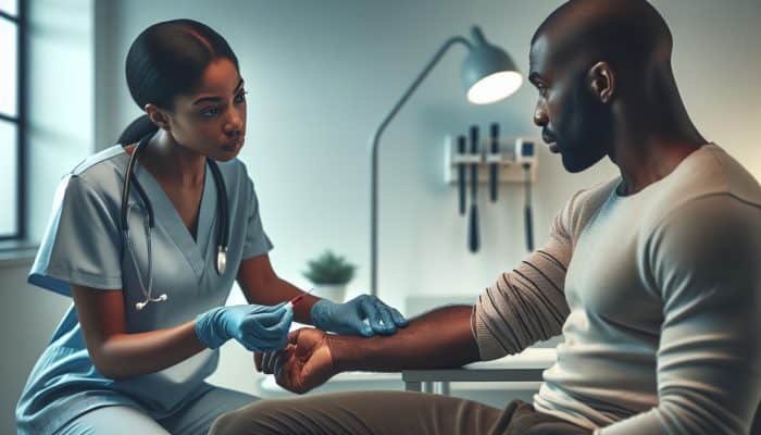 A healthcare professional discussing a testosterone test, preparing for a quick blood draw in a modern clinic.