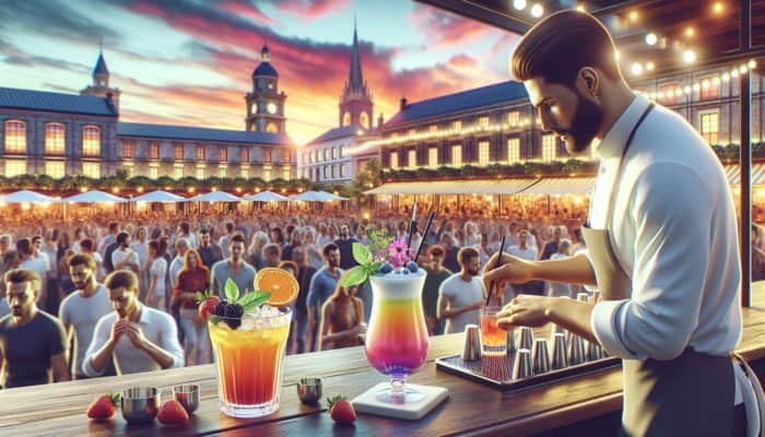 Colorful signature cocktails like Sunset Spritz and Berry Basil Smash at Double Helix Town Square's vibrant bar.