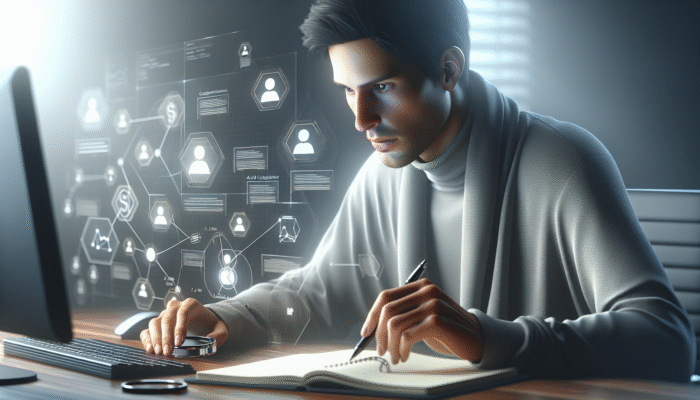 A digital strategist analyzing competitor backlinks on a computer, surrounded by charts, crafting outreach messages.