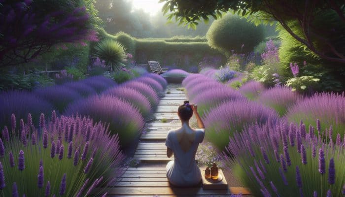 A person in a UK garden applying lavender oil to their scalp, surrounded by blooming lavender plants.