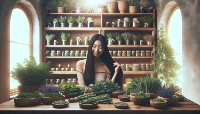 A London herbalist's workshop with nettle and rosemary, aiding a client's revitalized hair growth.