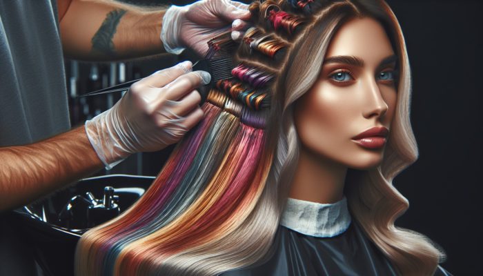 A hairstylist blending multiple lowlight shades into natural hair using feathering for a seamless, soft transition.