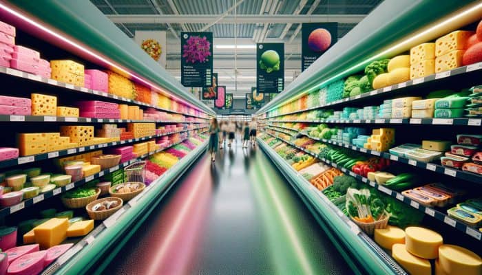 An array of vibrant plant-based meat alternatives and dairy-free cheeses in a UK supermarket aisle, reflecting current vegetarian and vegan trends.