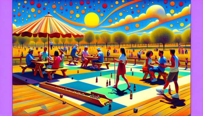 Festive Mardi Gras scene in New Orleans with day drinking and shuffleboard under warm Austin sunlight, lively atmosphere in LA and Denver.