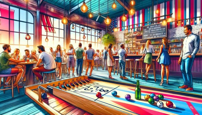A lively venue with shuffleboard, vibrant decor, music, unique cocktails, local beers, and friendly staff.
