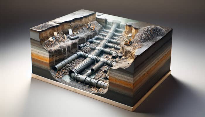 French drain installation in Vancouver backyard, showing excavation, pipes, and gravel amidst diverse soil and urban challenges.